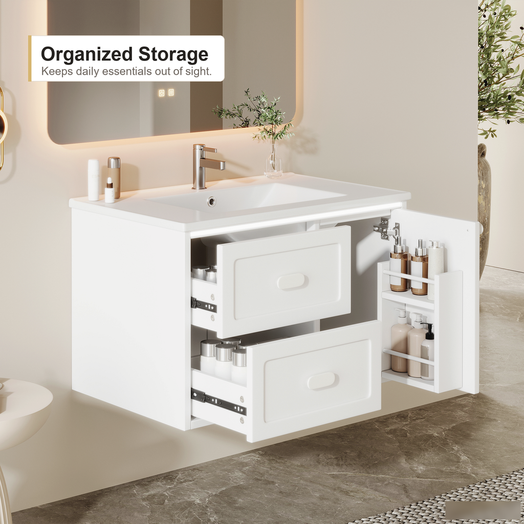 Wandmontierter Badschrank mit integriertem Keramikwaschbecken, weißer Oberfläche, zwei Schubladen und modernem Bad-Stauraum-Upgrade