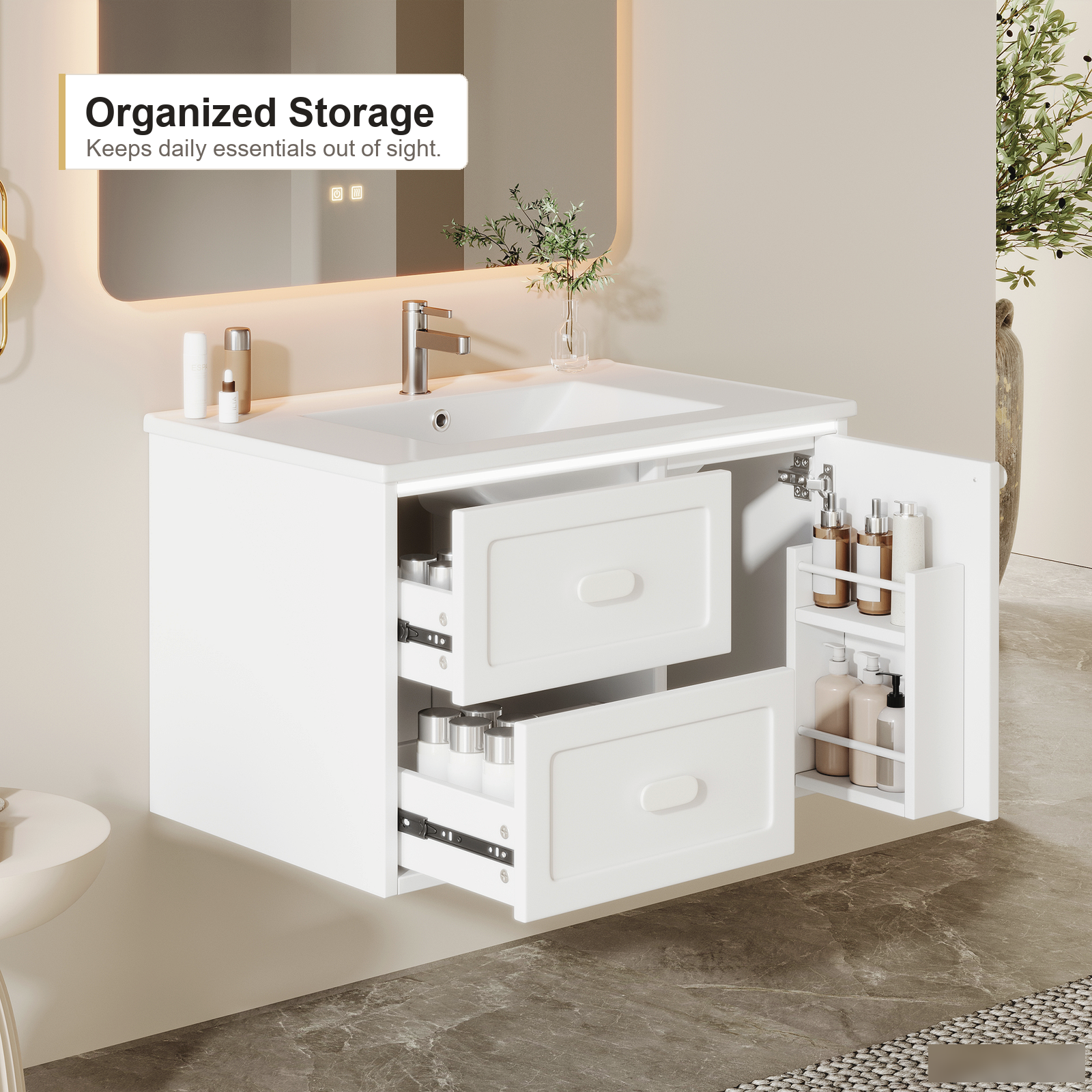 Wandmontierter Badschrank mit integriertem Keramikwaschbecken, weißer Oberfläche, zwei Schubladen und modernem Bad-Stauraum-Upgrade
