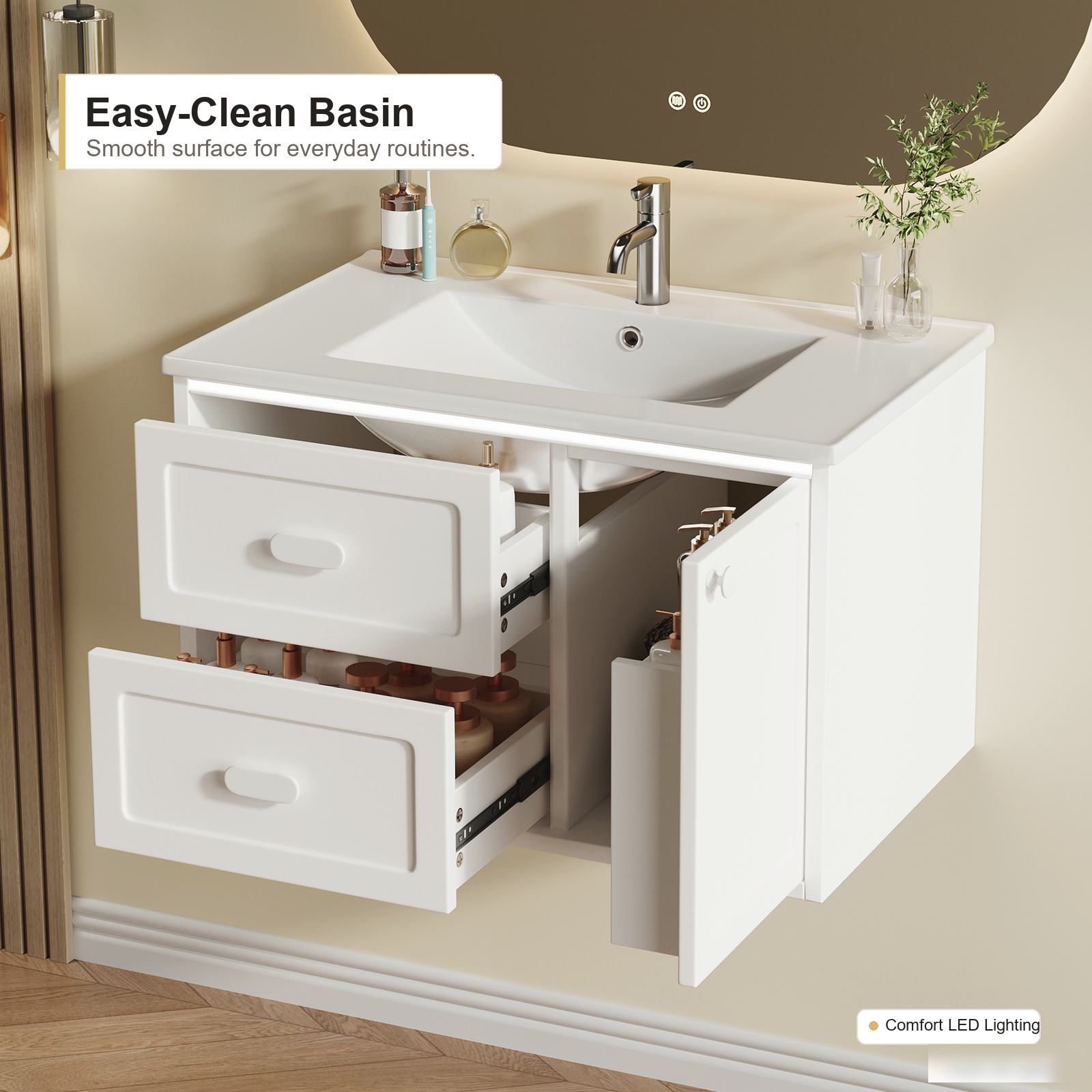 Wandmontierter Badschrank mit integriertem Keramikwaschbecken, weißer Oberfläche, zwei Schubladen und modernem Bad-Stauraum-Upgrade
