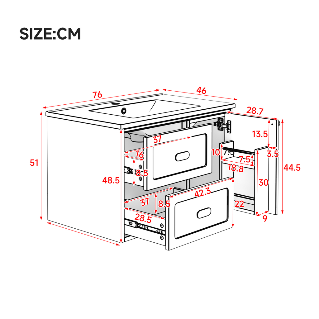 Wandmontierter Badschrank mit integriertem Keramikwaschbecken, weißer Oberfläche, zwei Schubladen und modernem Bad-Stauraum-Upgrade