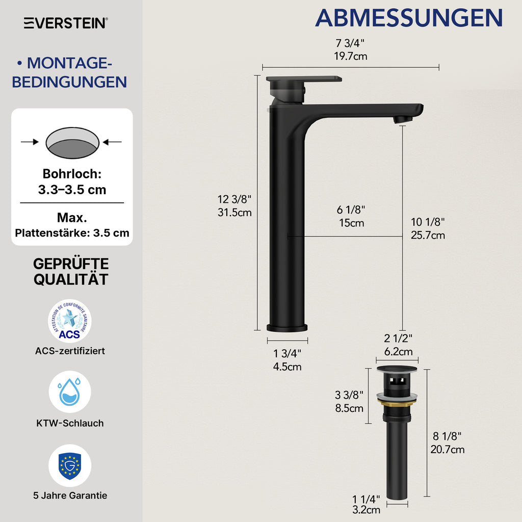 EVERSTEIN Waschtischarmatur Hoch, Wasserhahn Bad, Aufsatz