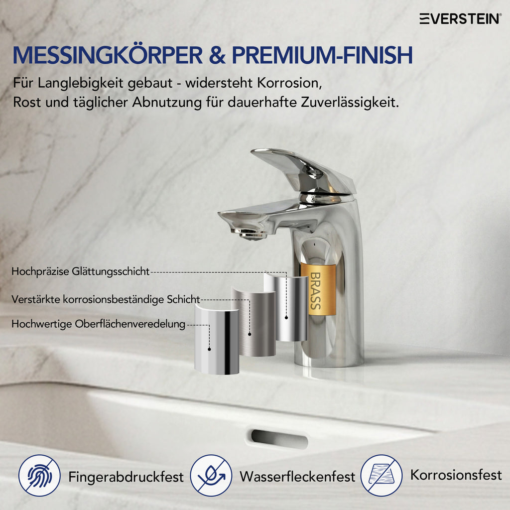 EVERSTEIN Wasserhahn Bad Waschtischarmatur: Pop-up, Messing, Ablauf (SFS-1282)