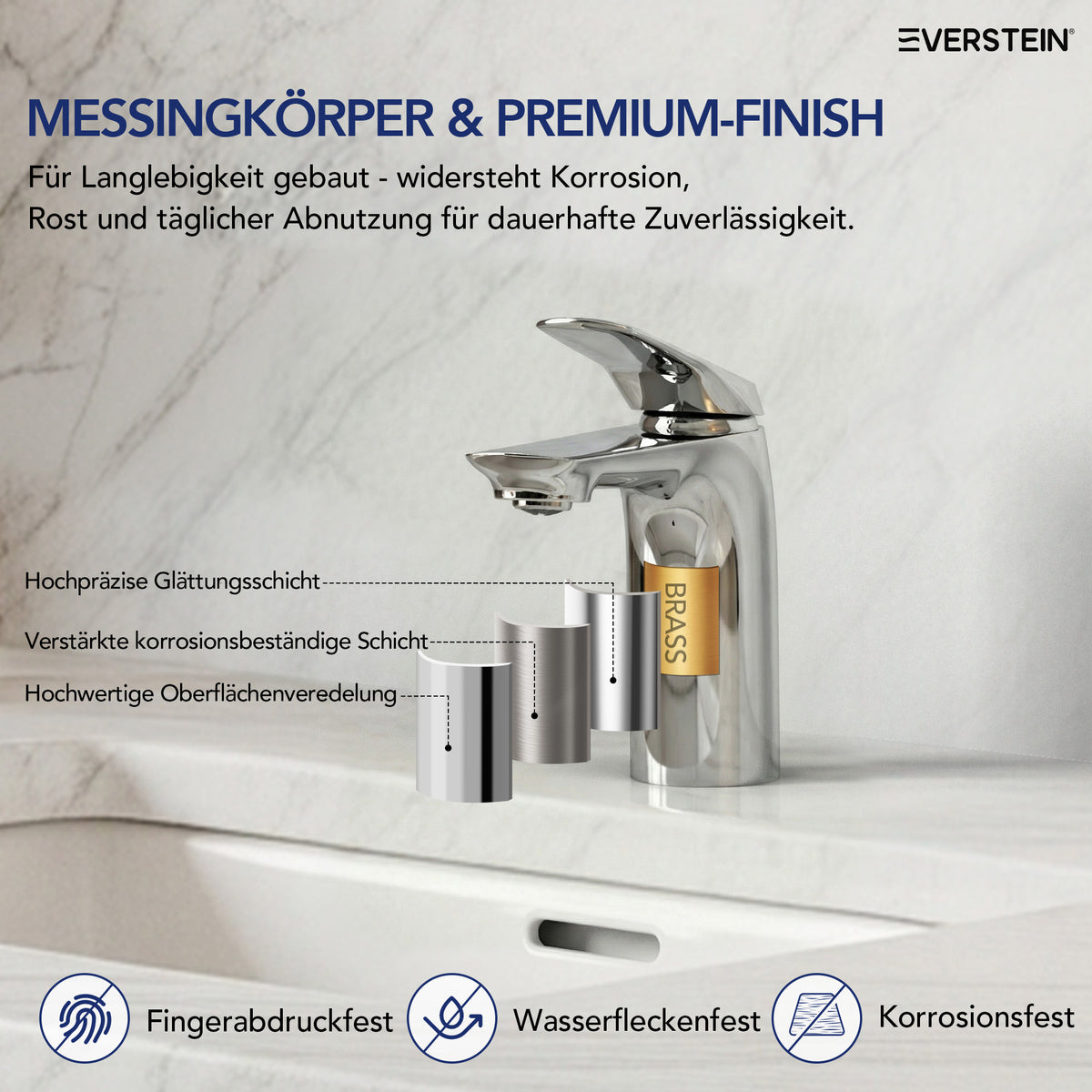EVERSTEIN Wasserhahn Bad Waschtischarmatur: Pop-up, Messing, Ablauf (SFS-1282)
