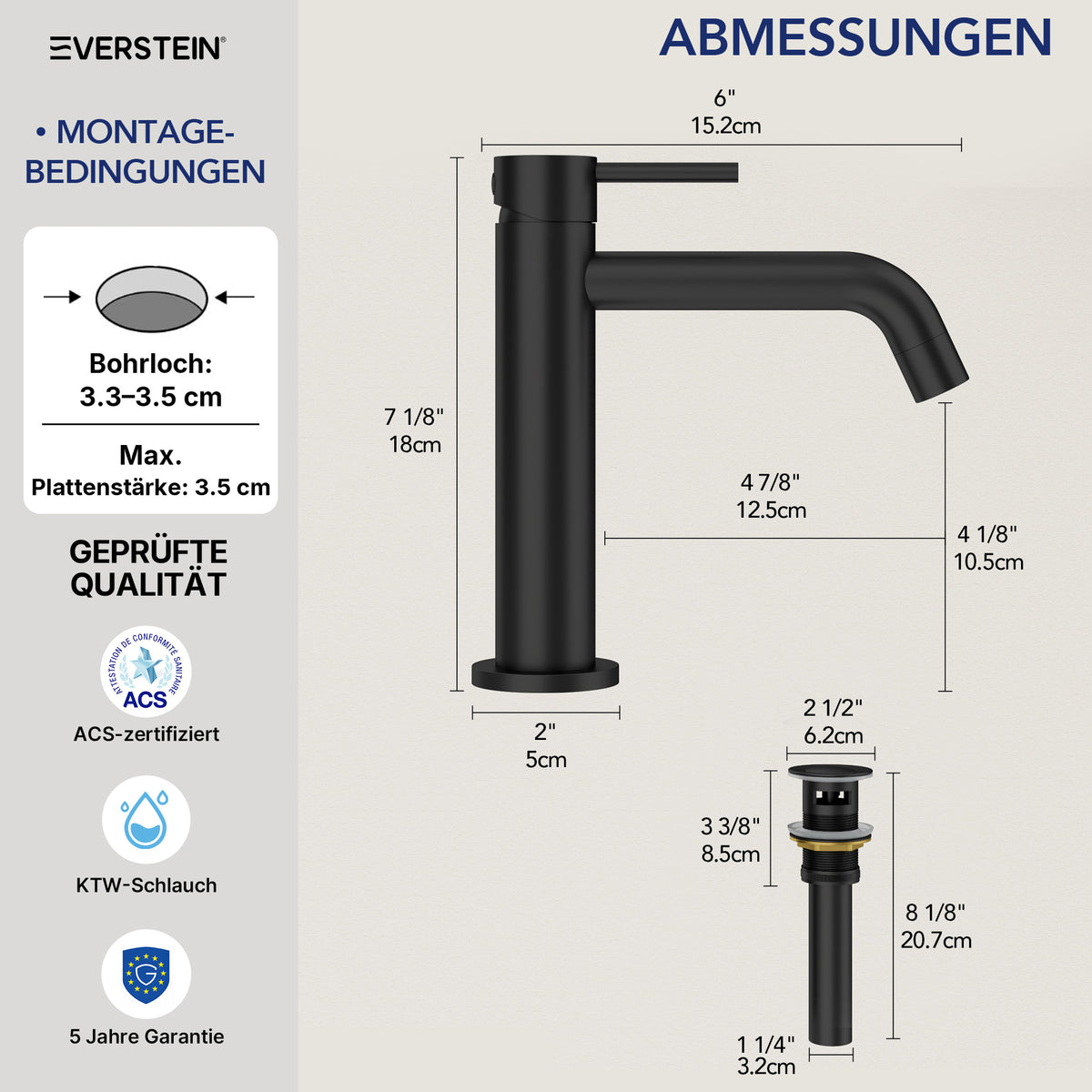 EVERSTEIN Wasserhahn Bad Waschtischarmatur: Pop-up, Messing, Ablauf (SFS-5001)