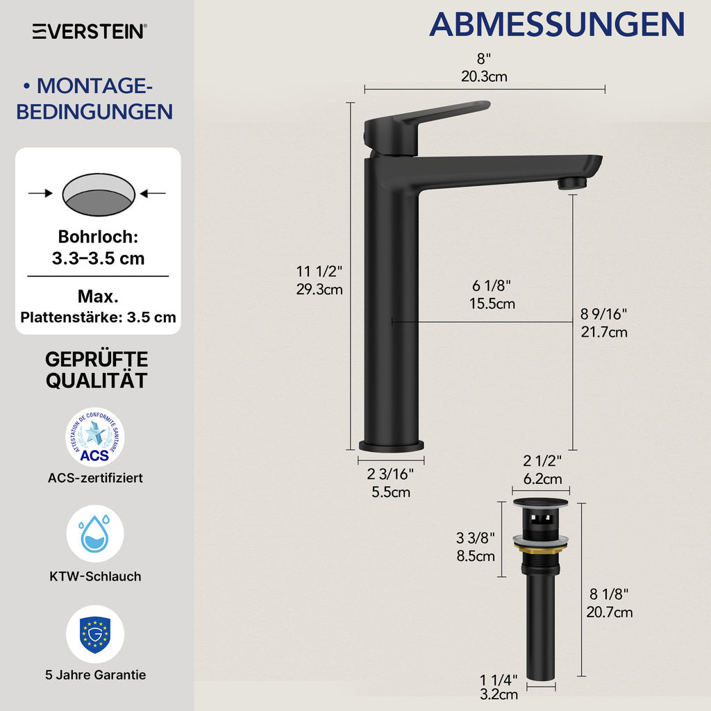 EVERSTEIN Waschtischarmatur Hoch, Wasserhahn Bad, Aufsatzwaschbecken (SFS-1275)