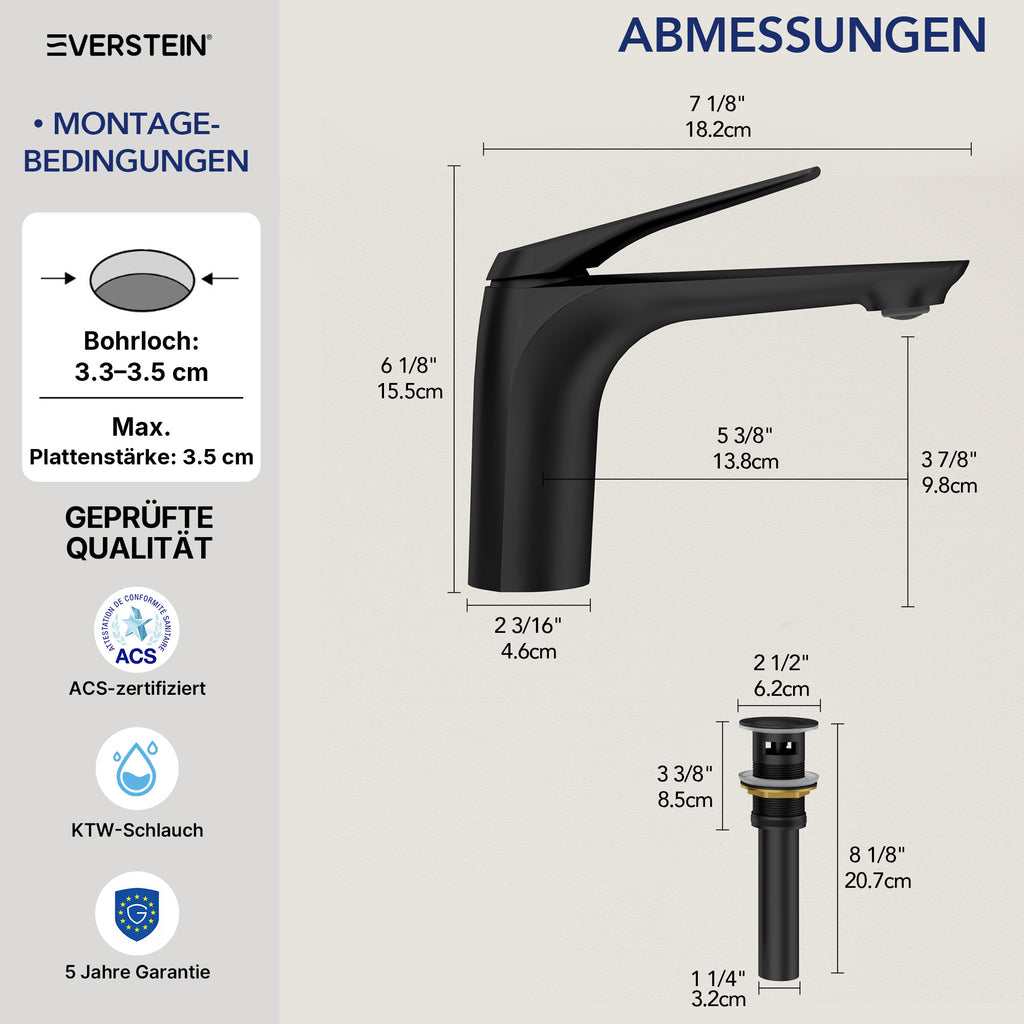 EVERSTEIN Wasserhahn Bad Waschtischarmatur: Pop-up, Messing, Ablauf (SFS-1282)