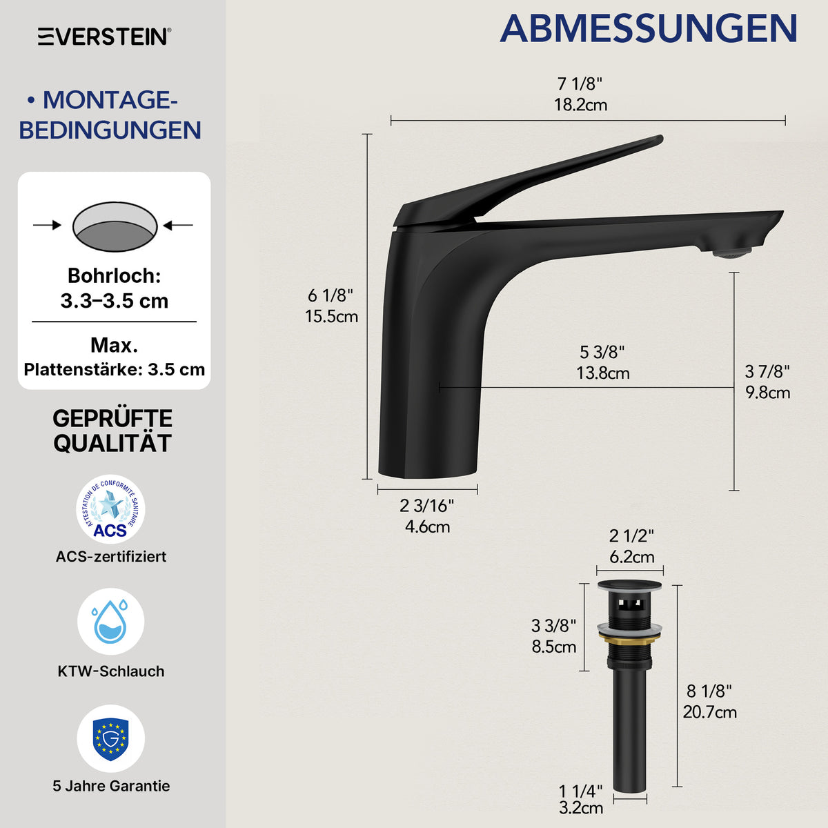 EVERSTEIN Wasserhahn Bad Waschtischarmatur: Pop-up, Messing, Ablauf (SFS-1282)