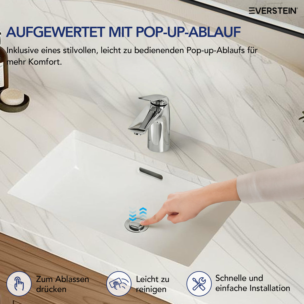 EVERSTEIN Wasserhahn Bad Waschtischarmatur: Pop-up, Messing, Ablauf (SFS-1282)