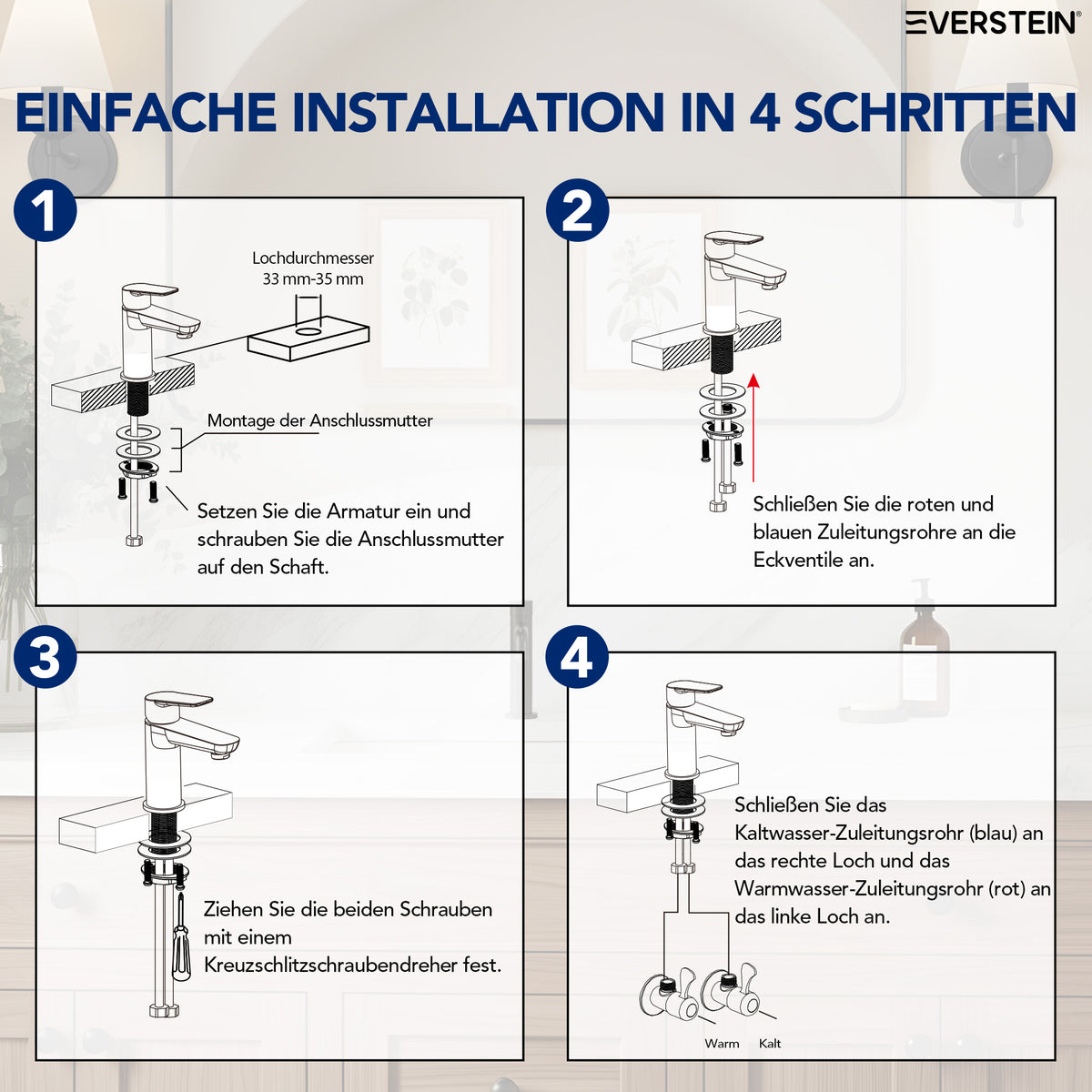 EVERSTEIN Wasserhahn Bad Waschtischarmatur: Pop-up, Messing, Ablauf (SFS-1274)