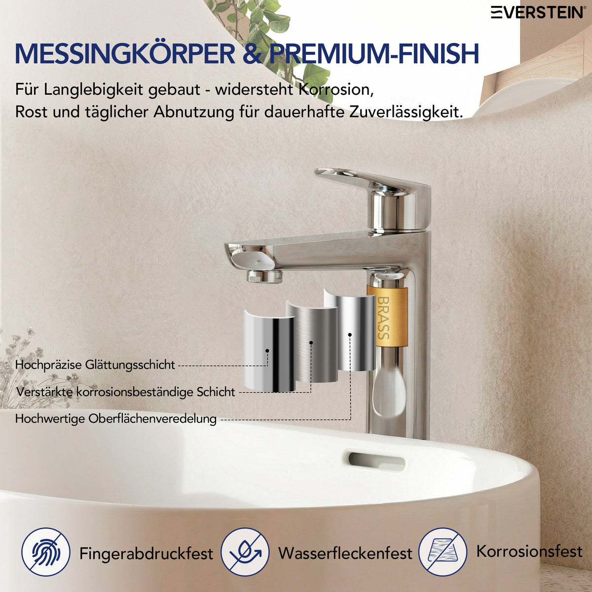 EVERSTEIN Waschtischarmatur Hoch, Wasserhahn Bad, Aufsatzwaschbecken (SFS-1275)