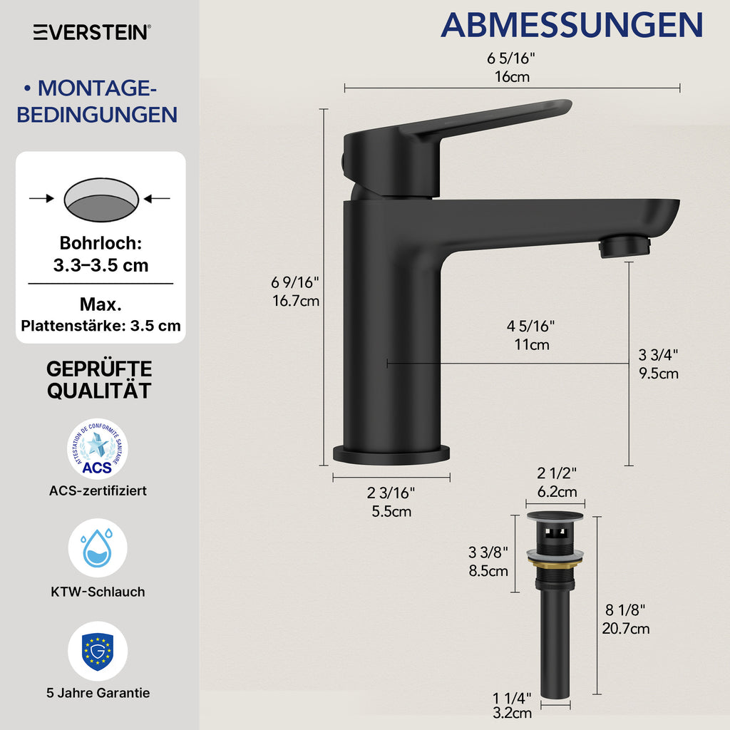 EVERSTEIN Wasserhahn Bad Waschtischarmatur: Pop-up, Messing, Ablauf (SFS-1274)