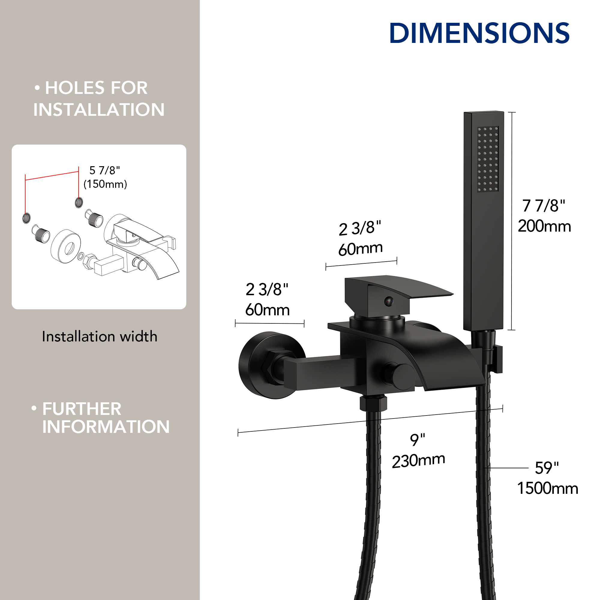 EVERSTEIN Wall Mounted Bathtub Faucet with Hand Shower