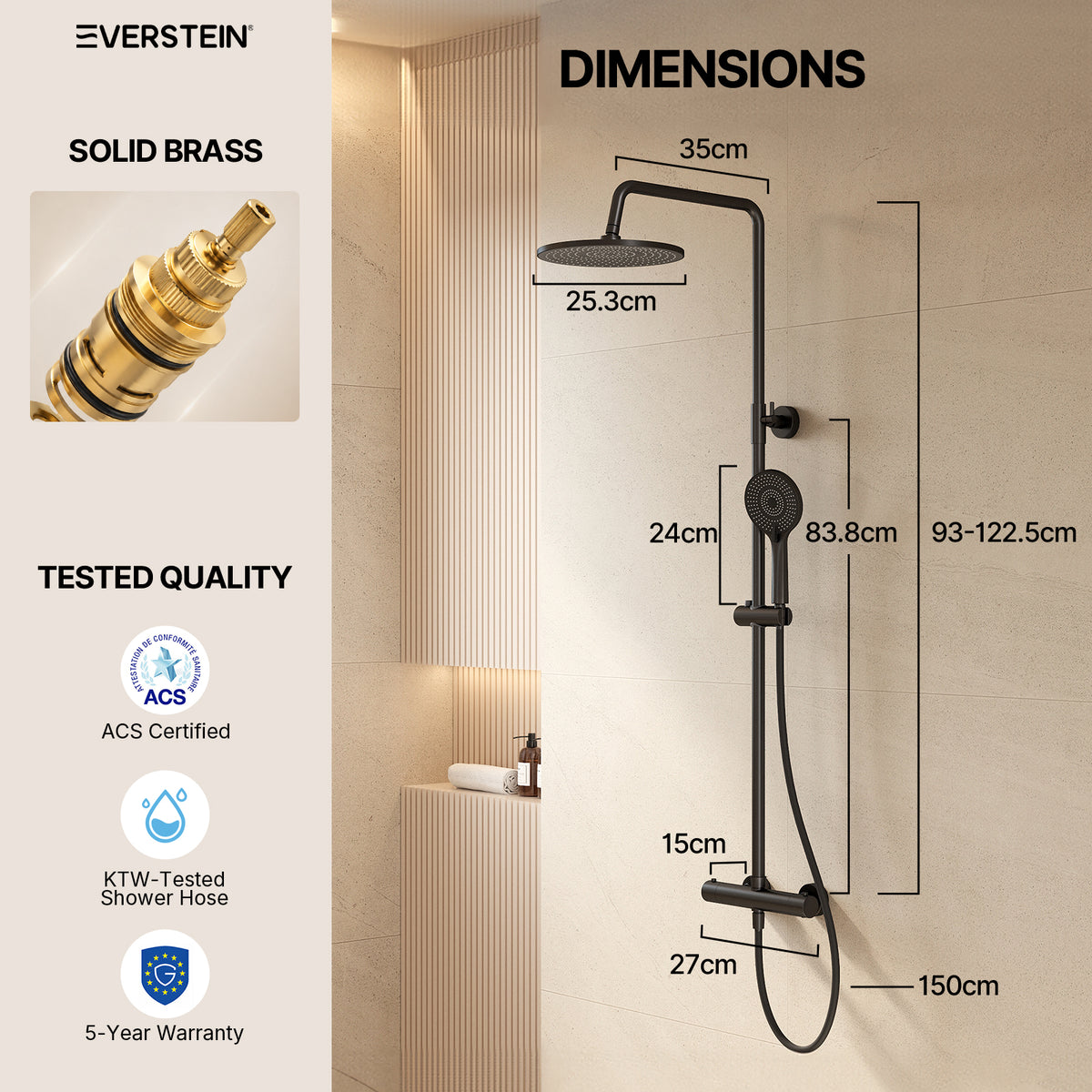 EVERSTEIN Thermostatic Shower Column with Overhead Shower and Handheld Shower