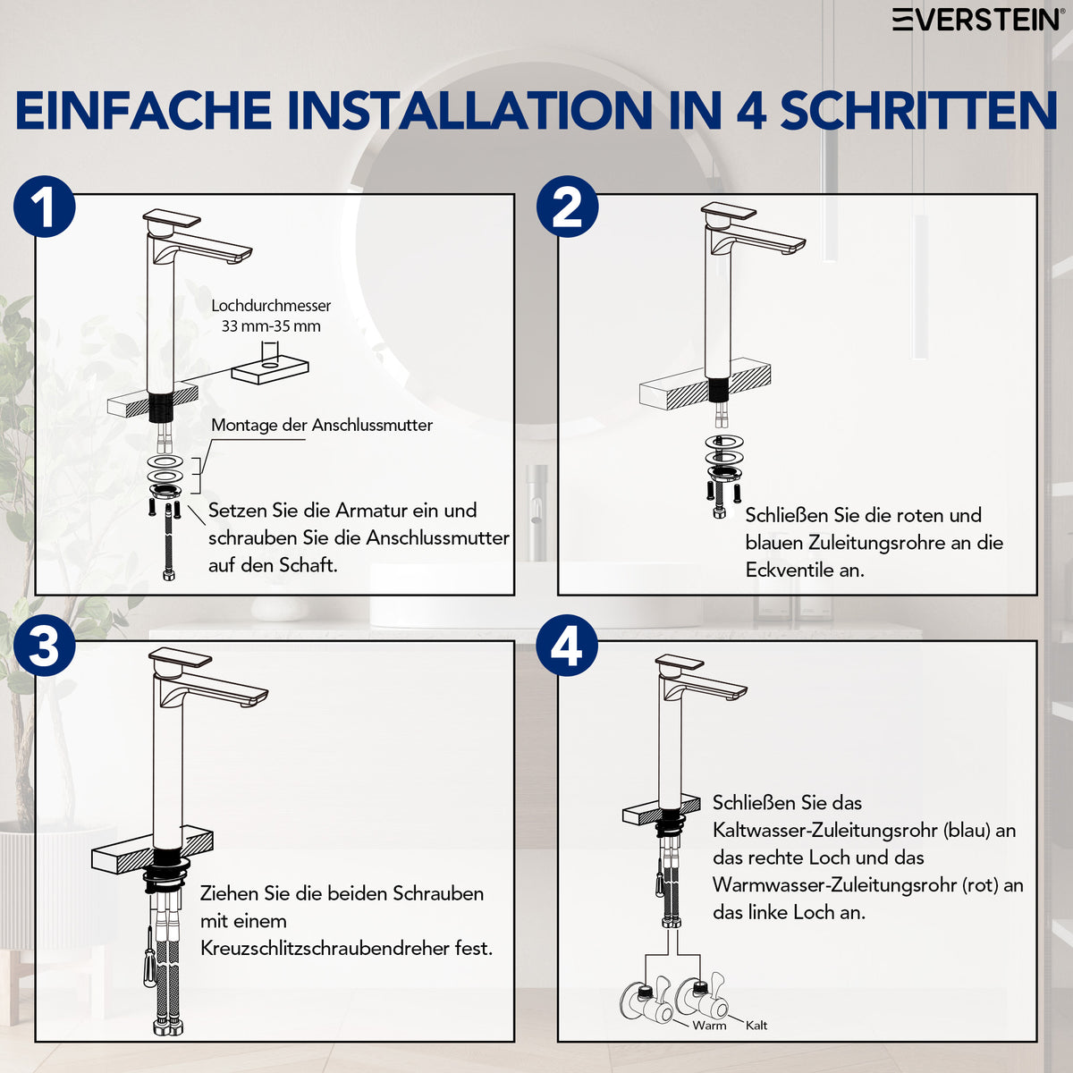 EVERSTEIN Waschtischarmatur Hoch, Wasserhahn Bad, Aufsatz