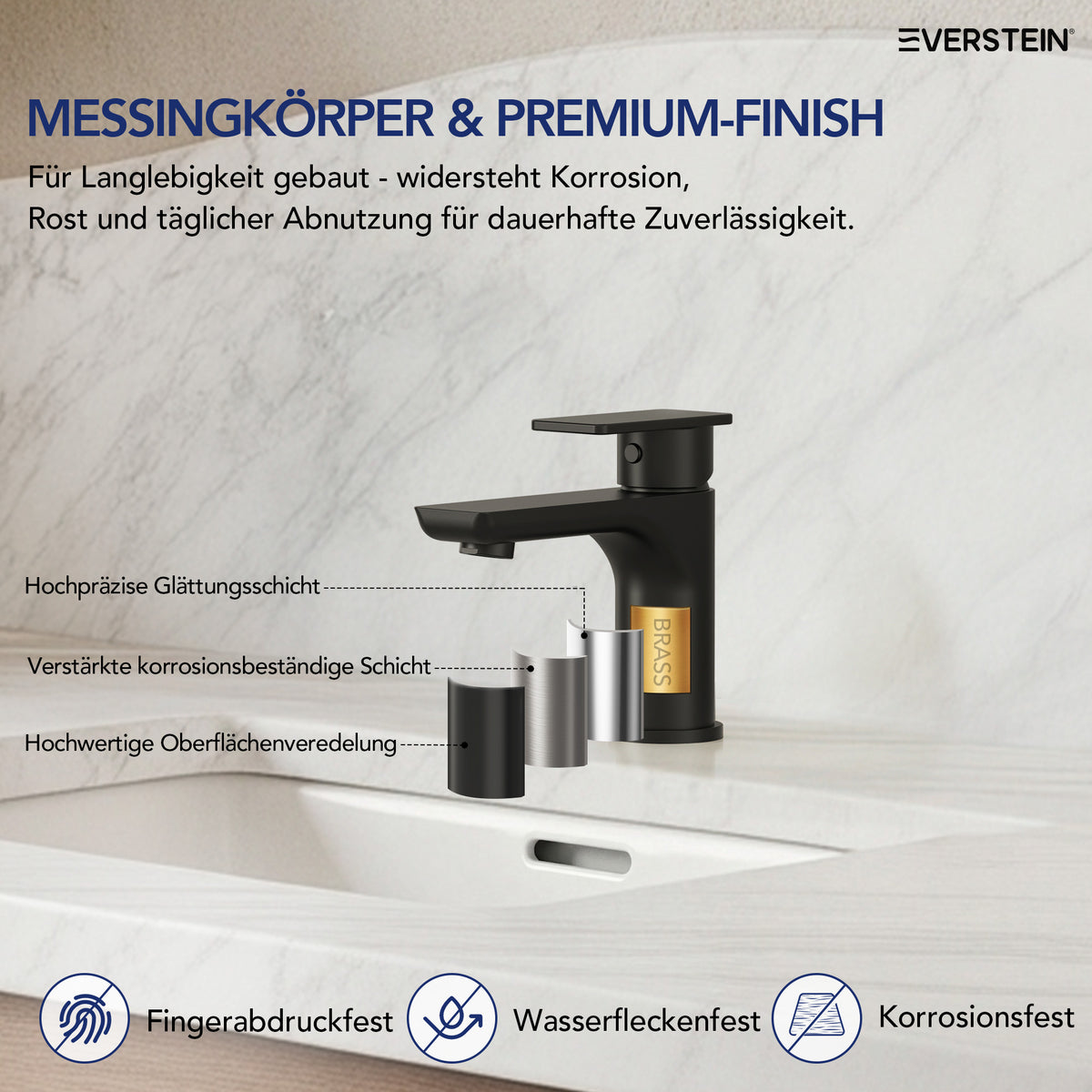 EVERSTEIN Wasserhahn Bad Waschtischarmatur, Pop-up, Messing