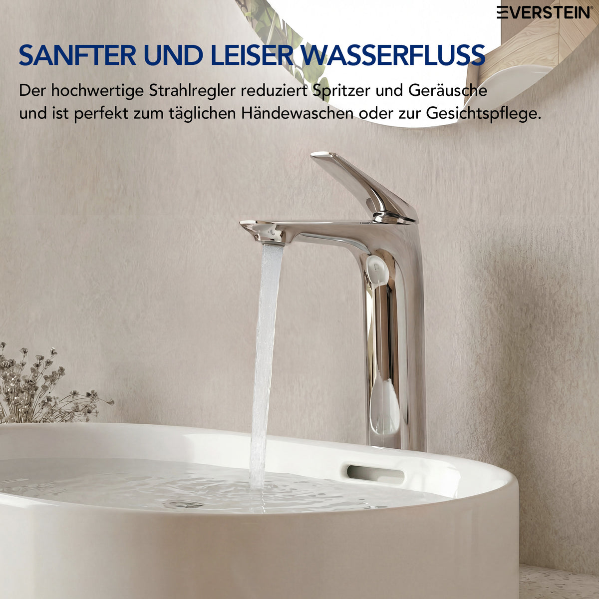 EVERSTEIN Waschtischarmatur Hoch, Wasserhahn Bad, Aufsatzwaschbecken (SFS-1283)