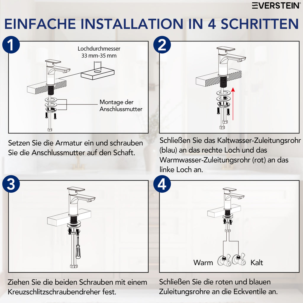EVERSTEIN Wasserhahn Bad Waschtischarmatur, Pop-up, Messing