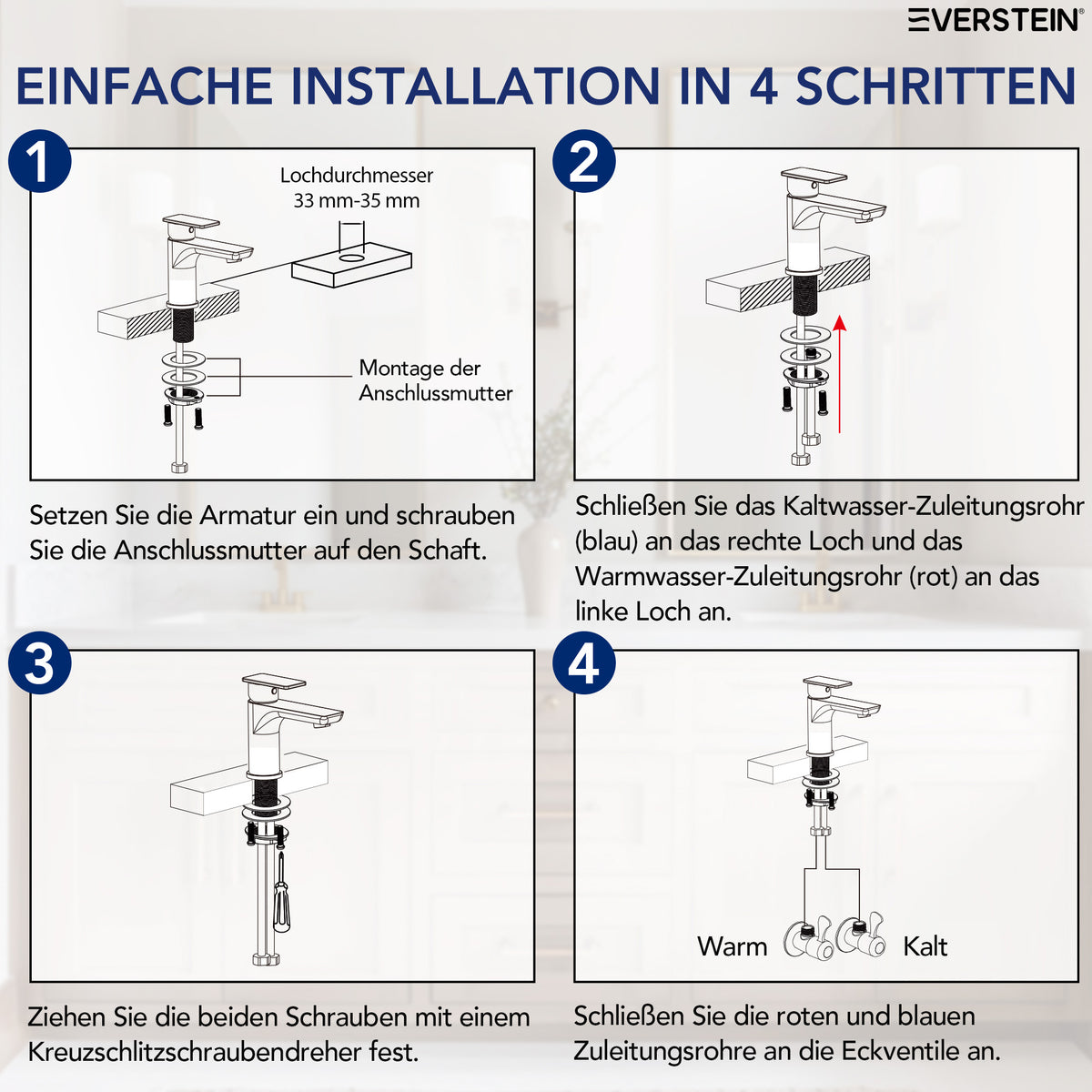 EVERSTEIN Wasserhahn Bad Waschtischarmatur, Pop-up, Messing