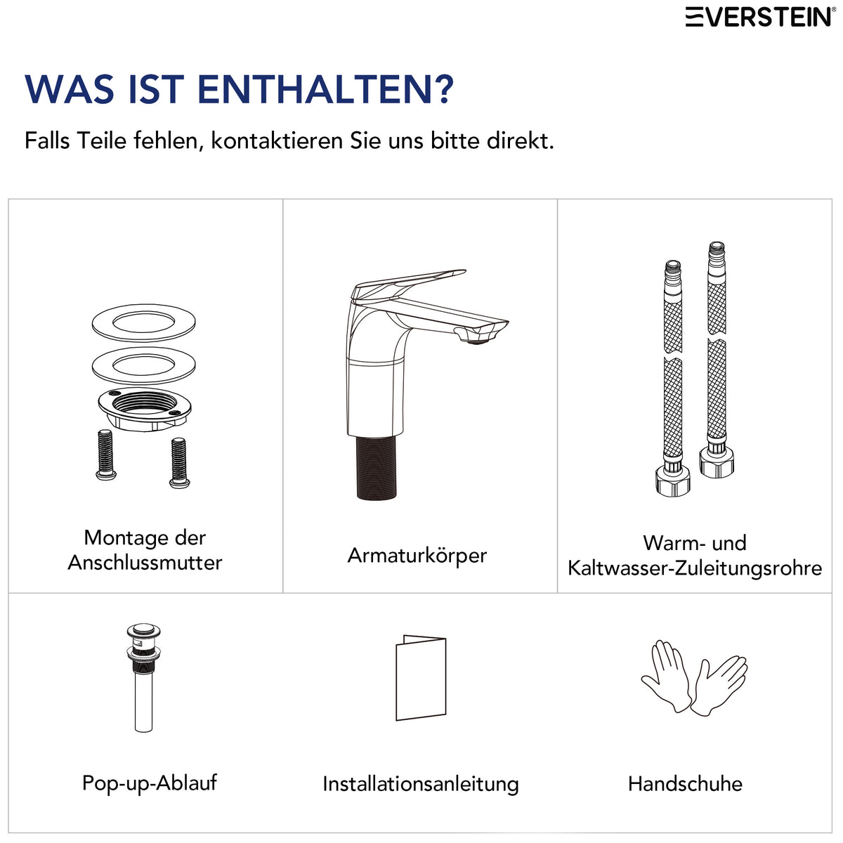 EVERSTEIN Wasserhahn Bad Waschtischarmatur: Pop-up, Messing, Ablauf (SFS-1282)