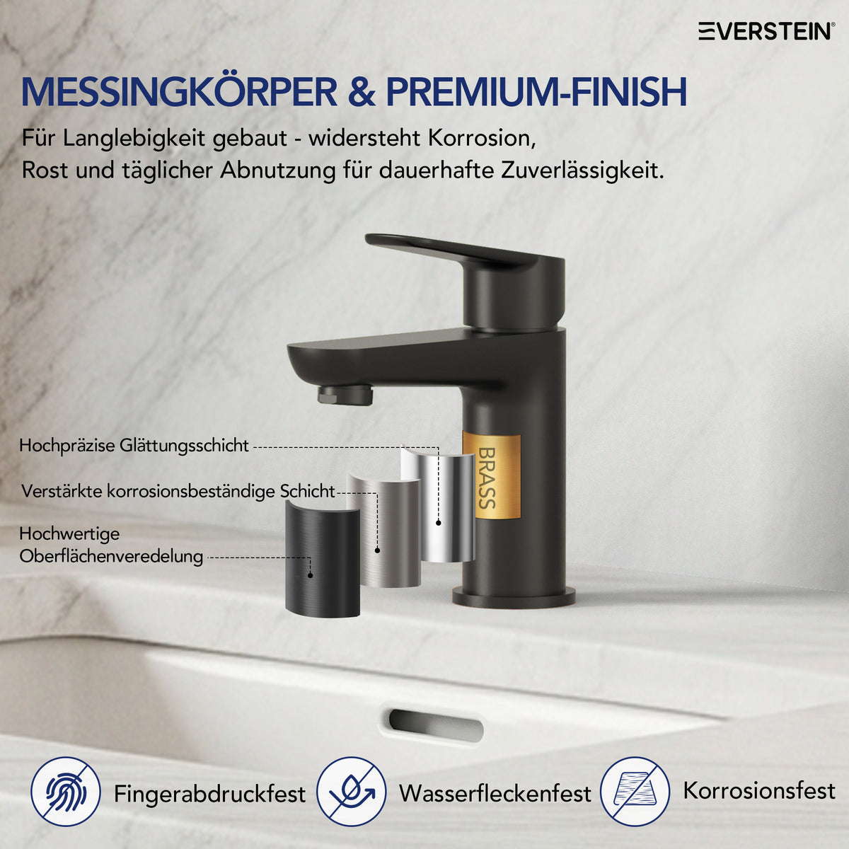 EVERSTEIN Wasserhahn Bad Waschtischarmatur: Pop-up, Messing, Ablauf (SFS-1274)