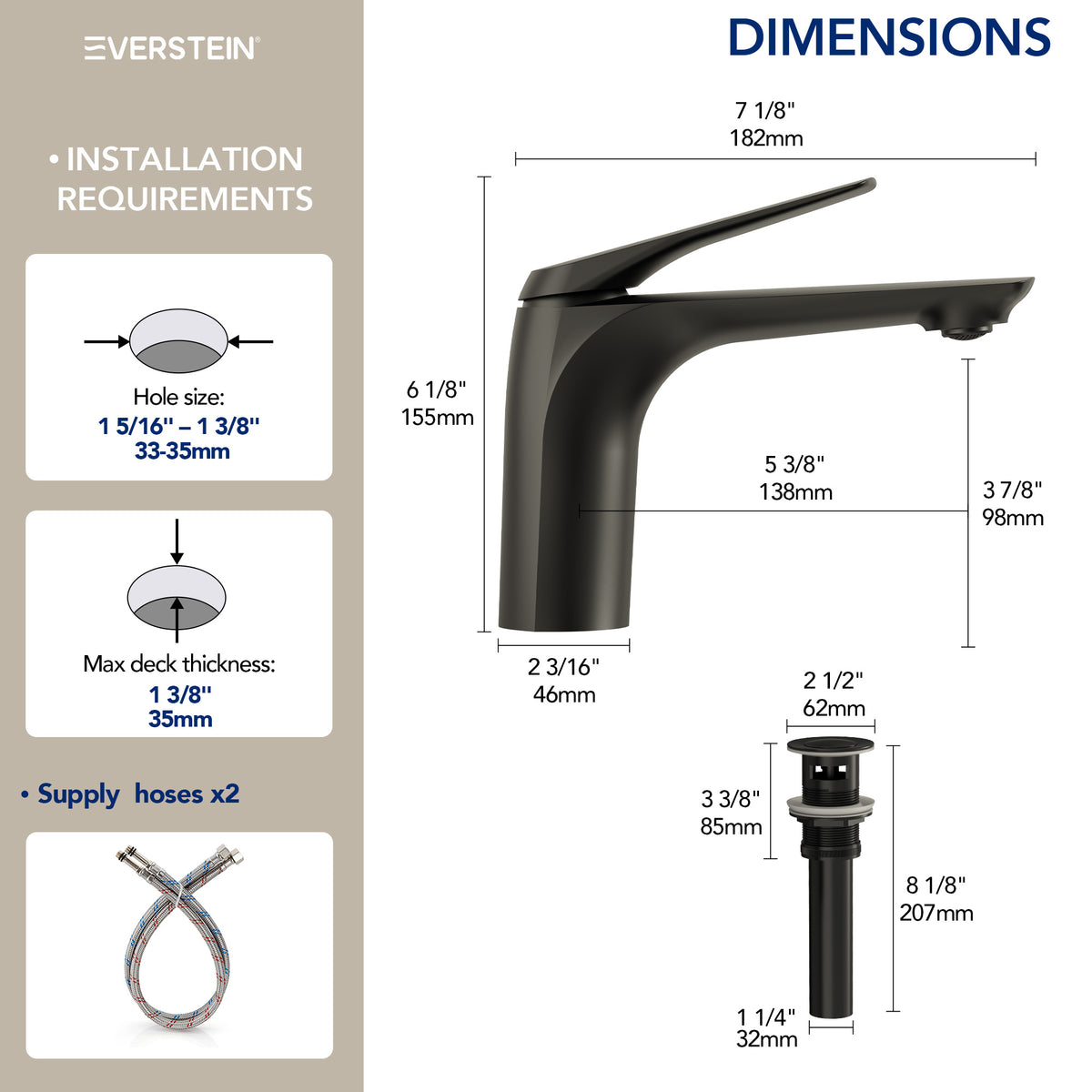 EVERSTEIN Bathroom Basin Tap with Pop-Up Drain