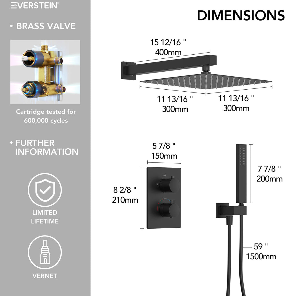 EVERSTEIN Thermostatic Recessed Shower System with Square Showerhead