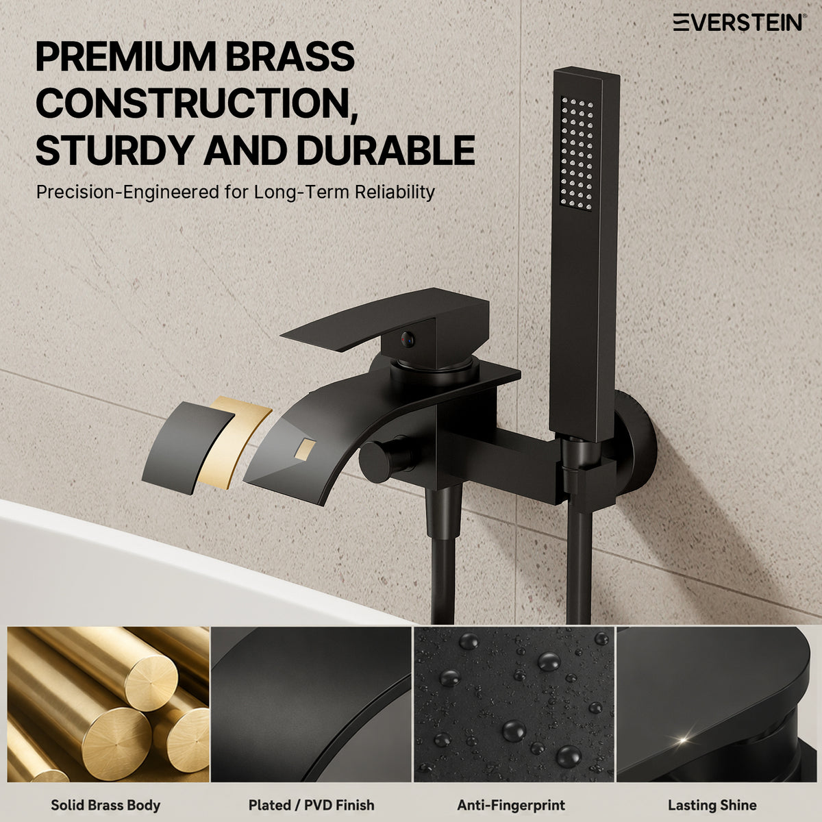 EVERSTEIN Wall Mounted Bathtub Tap with Hand Shower