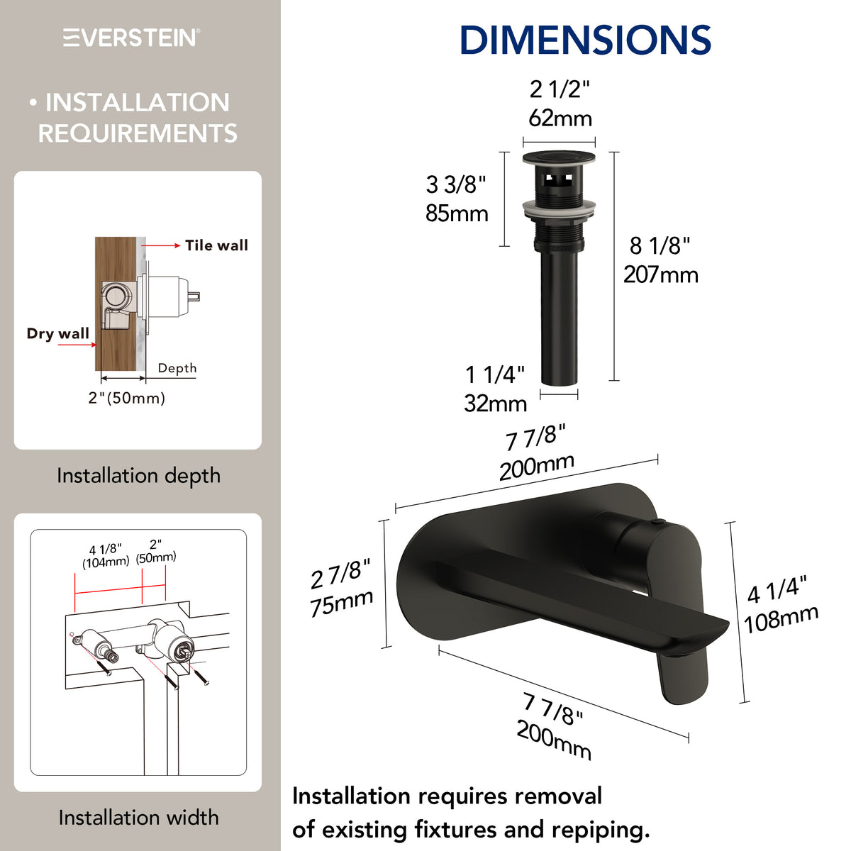EVERSTEIN Wall Mounted Bathroom Basin Tap