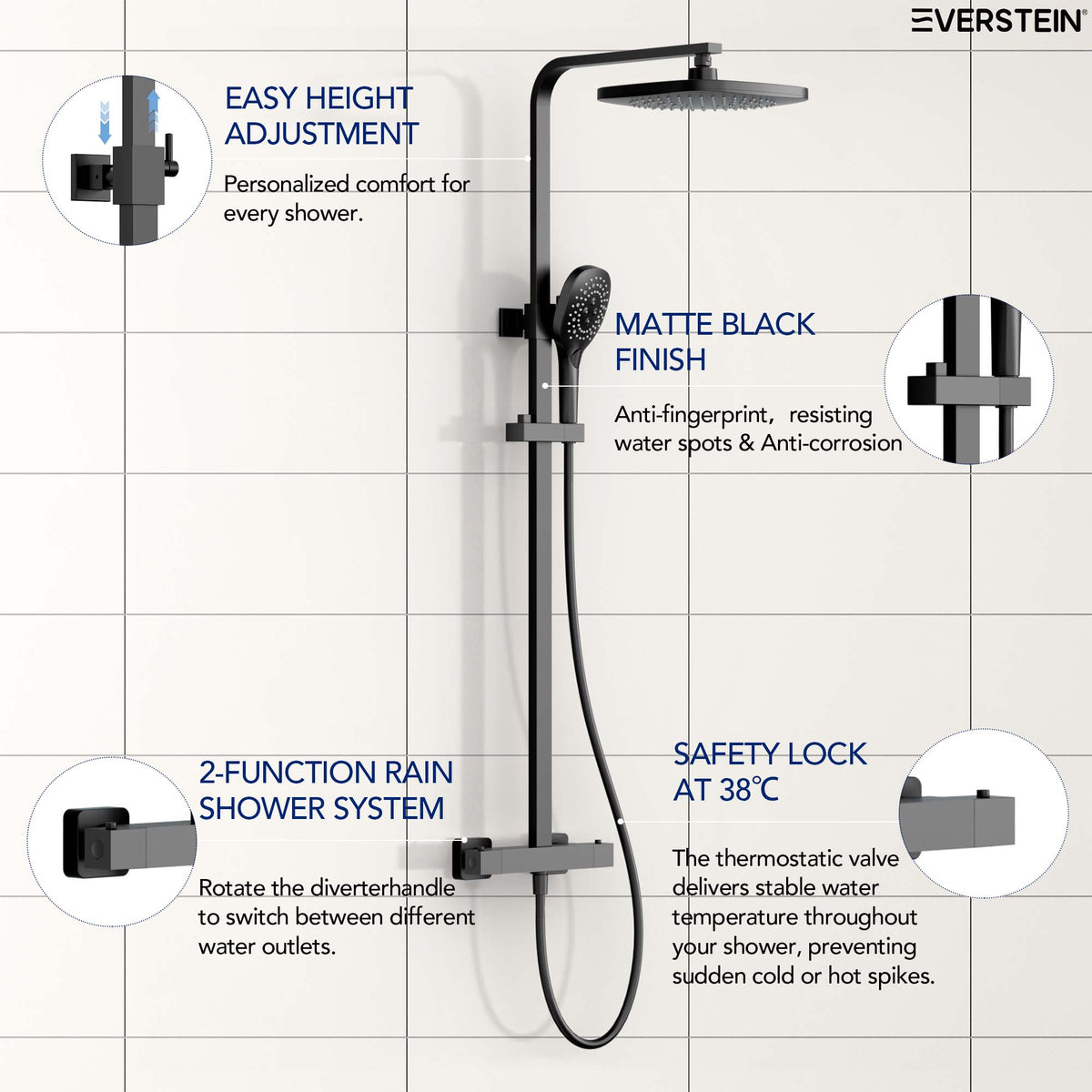 EVERSTEIN Thermostatic Shower Column with Shower Head – Complete Set