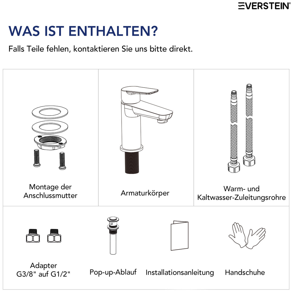 EVERSTEIN Wasserhahn Bad Waschtischarmatur: Pop-up, Messing, Ablauf (SFS-1274)