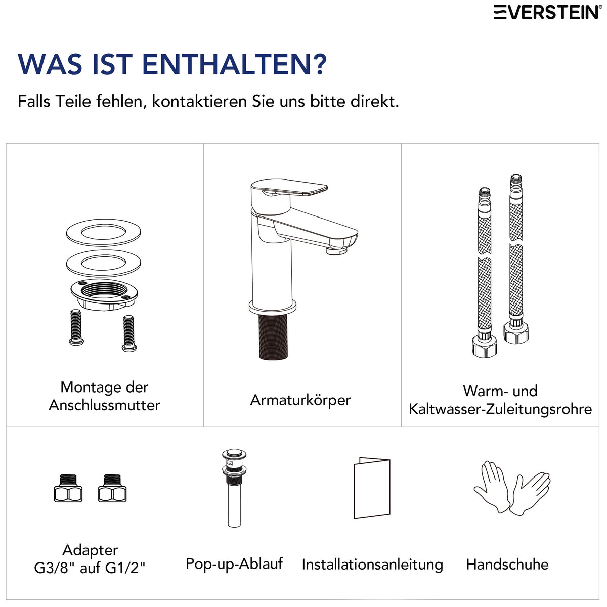 EVERSTEIN Wasserhahn Bad Waschtischarmatur: Pop-up, Messing, Ablauf (SFS-1274)