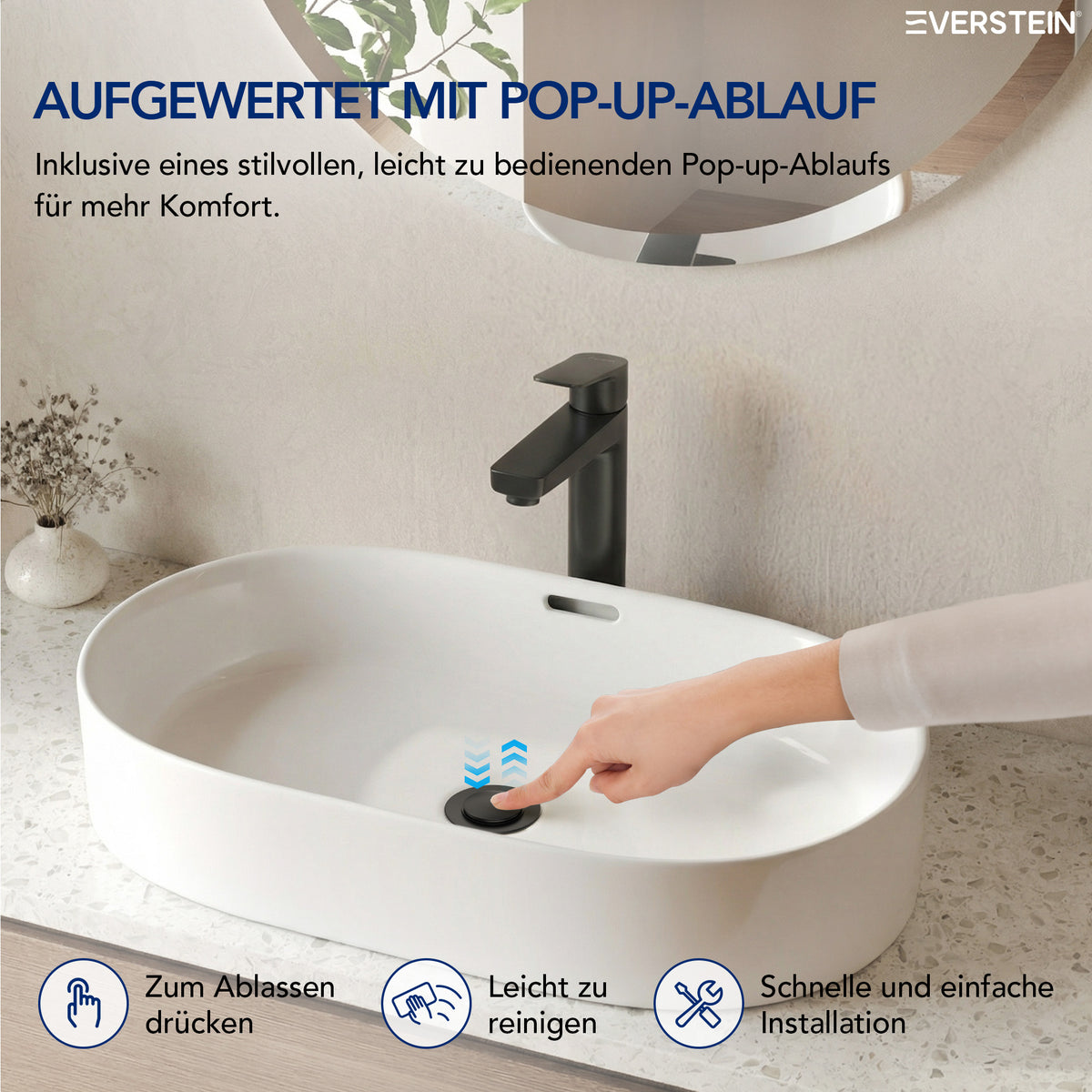 EVERSTEIN Waschtischarmatur Hoch, Wasserhahn Bad, Aufsatzwaschbecken (SFS-1275)
