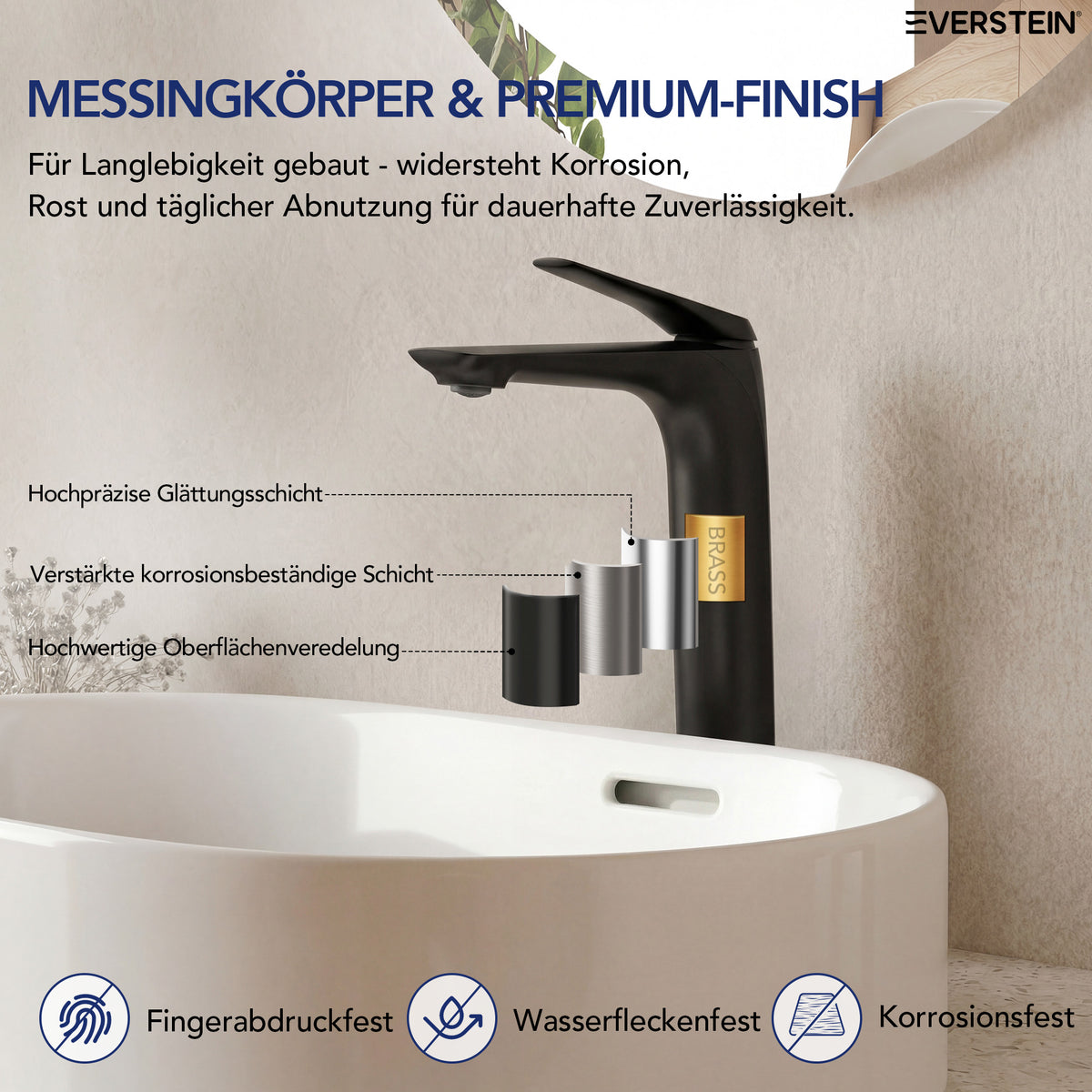 EVERSTEIN Waschtischarmatur Hoch, Wasserhahn Bad, Aufsatzwaschbecken (SFS-1283)