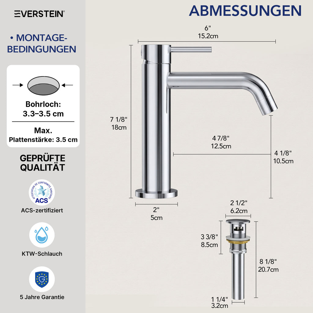EVERSTEIN Wasserhahn Bad Waschtischarmatur: Pop-up, Messing, Ablauf (SFS-5001)