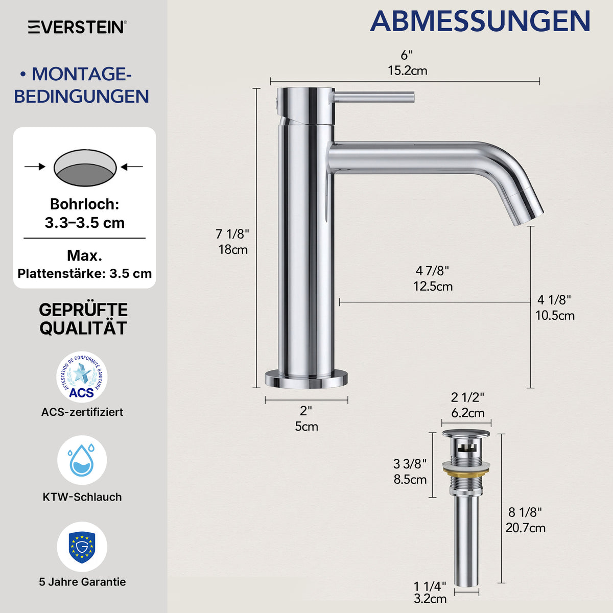 EVERSTEIN Wasserhahn Bad Waschtischarmatur: Pop-up, Messing, Ablauf (SFS-5001)