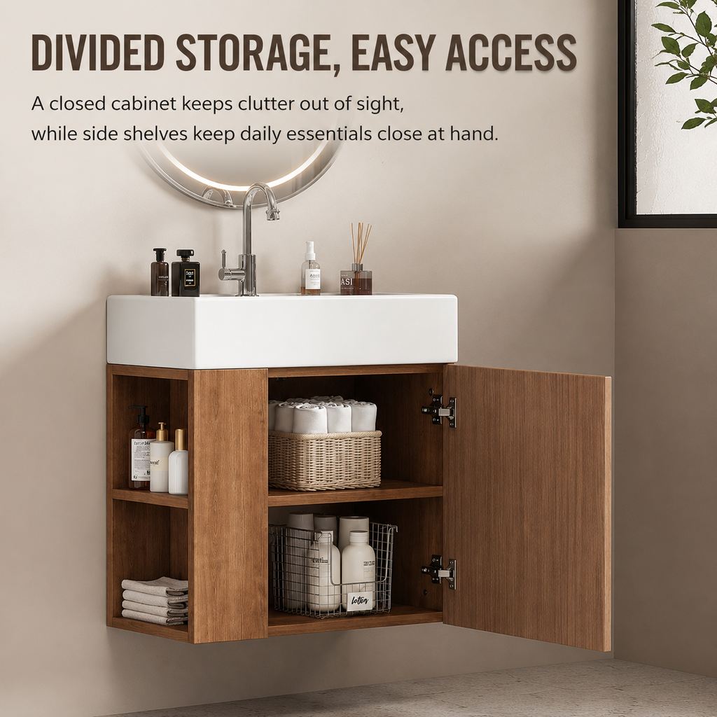 55 cm Wall-Mounted Bathroom Vanity with Ceramic Sink, Textured Fluted Front Door, Open Side Shelves and Soft-Close Storage, Brown