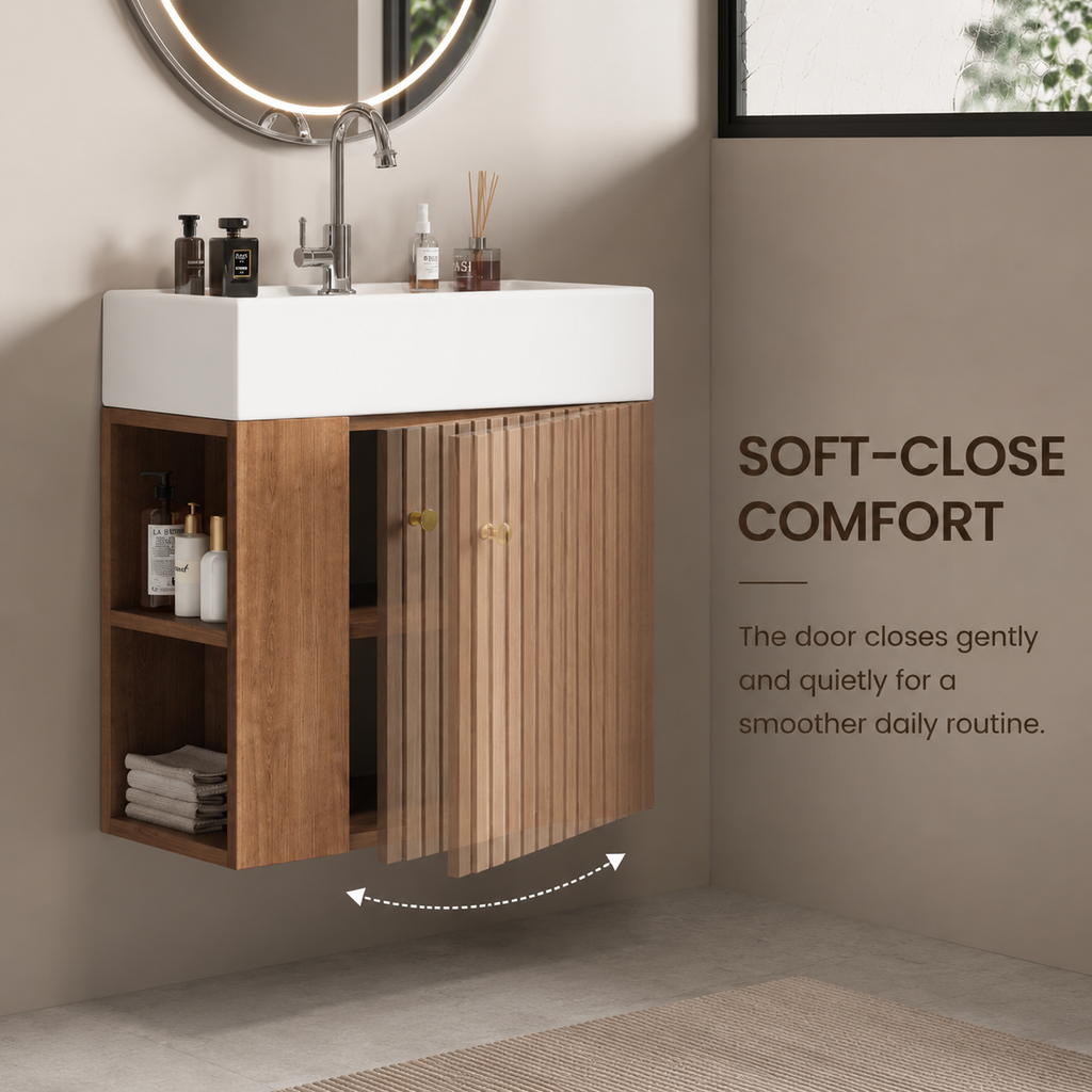 55 cm Wall-Mounted Bathroom Vanity with Ceramic Sink, Textured Fluted Front Door, Open Side Shelves and Soft-Close Storage, Brown