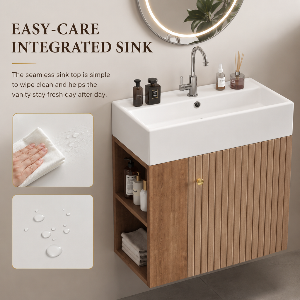 55 cm Wall-Mounted Bathroom Vanity with Ceramic Sink, Textured Fluted Front Door, Open Side Shelves and Soft-Close Storage, Brown
