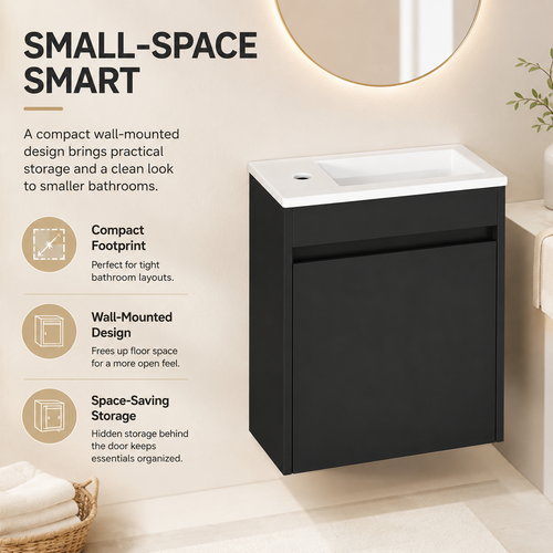 46 cm Kompakter wandmontierter Badunterschrank mit integriertem Waschbecken, Soft-Close Einzeltür, Innenablage und eleganter schwarzer Oberfläche