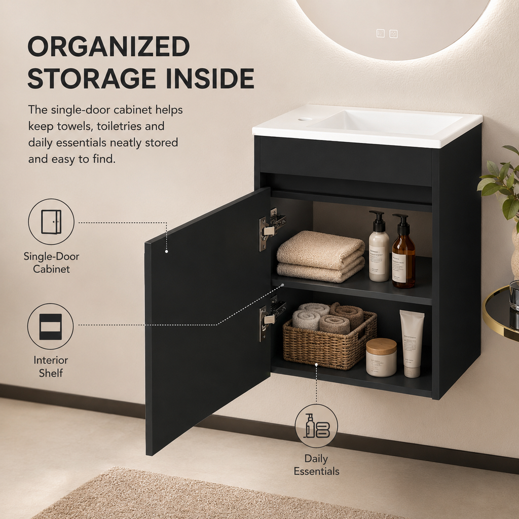 46 cm Kompakter wandmontierter Badunterschrank mit integriertem Waschbecken, Soft-Close Einzeltür, Innenablage und eleganter schwarzer Oberfläche