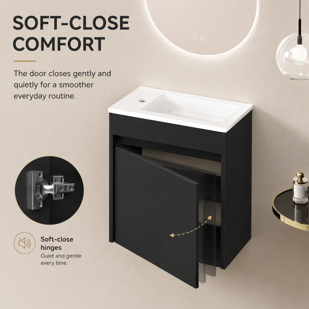 46 cm Kompakter wandmontierter Badunterschrank mit integriertem Waschbecken, Soft-Close Einzeltür, Innenablage und eleganter schwarzer Oberfläche