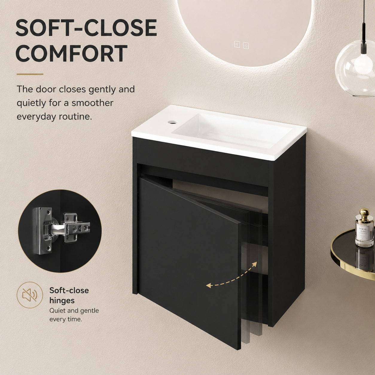 46 cm Kompakter wandmontierter Badunterschrank mit integriertem Waschbecken, Soft-Close Einzeltür, Innenablage und eleganter schwarzer Oberfläche