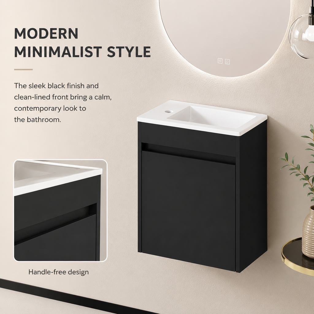 46 cm Kompakter wandmontierter Badunterschrank mit integriertem Waschbecken, Soft-Close Einzeltür, Innenablage und eleganter schwarzer Oberfläche