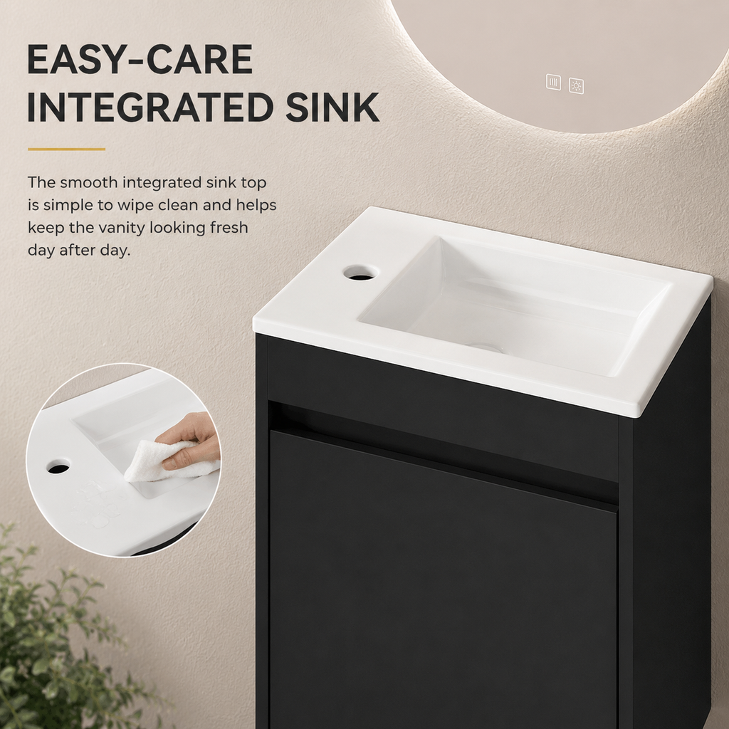 46 cm Kompakter wandmontierter Badunterschrank mit integriertem Waschbecken, Soft-Close Einzeltür, Innenablage und eleganter schwarzer Oberfläche