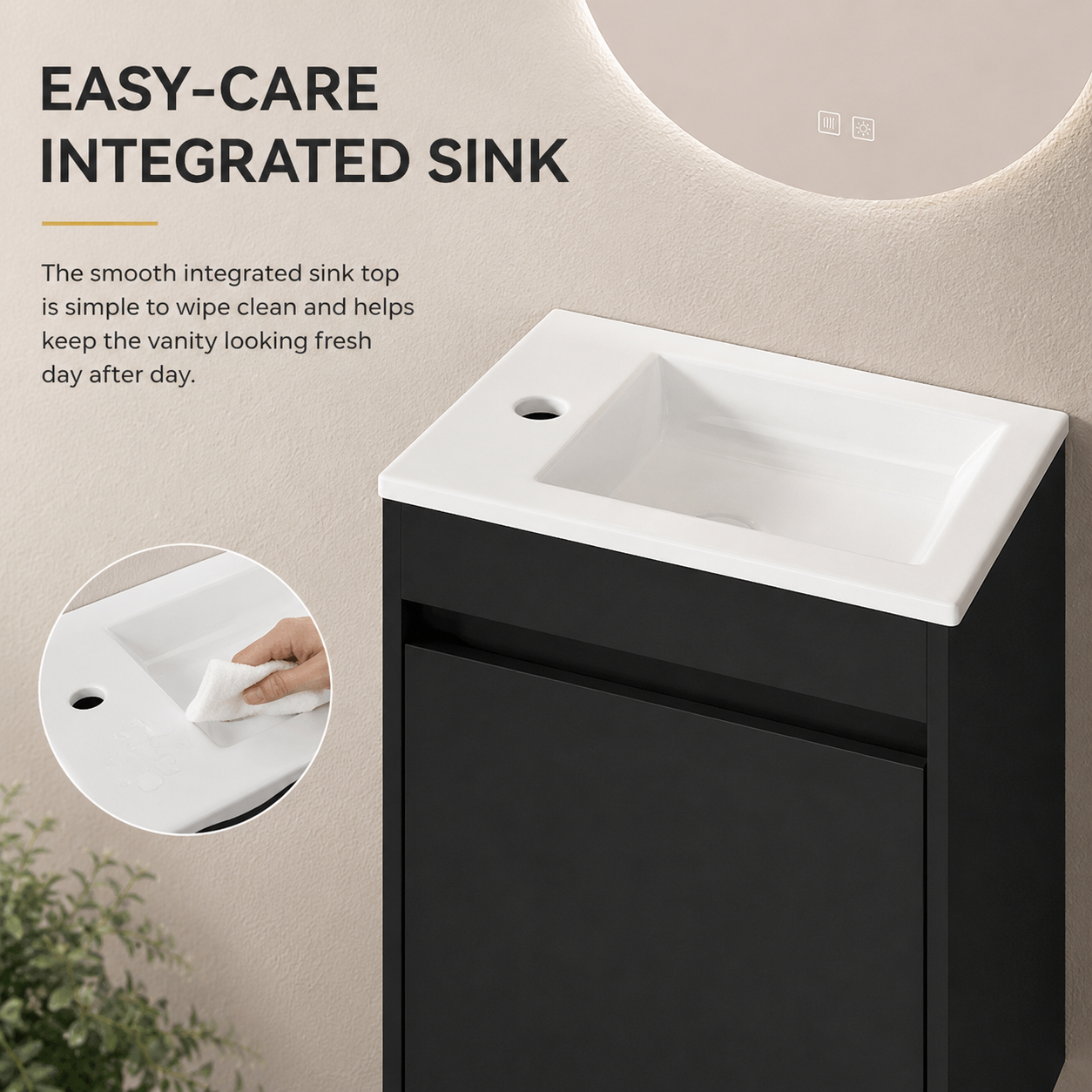 46 cm Kompakter wandmontierter Badunterschrank mit integriertem Waschbecken, Soft-Close Einzeltür, Innenablage und eleganter schwarzer Oberfläche