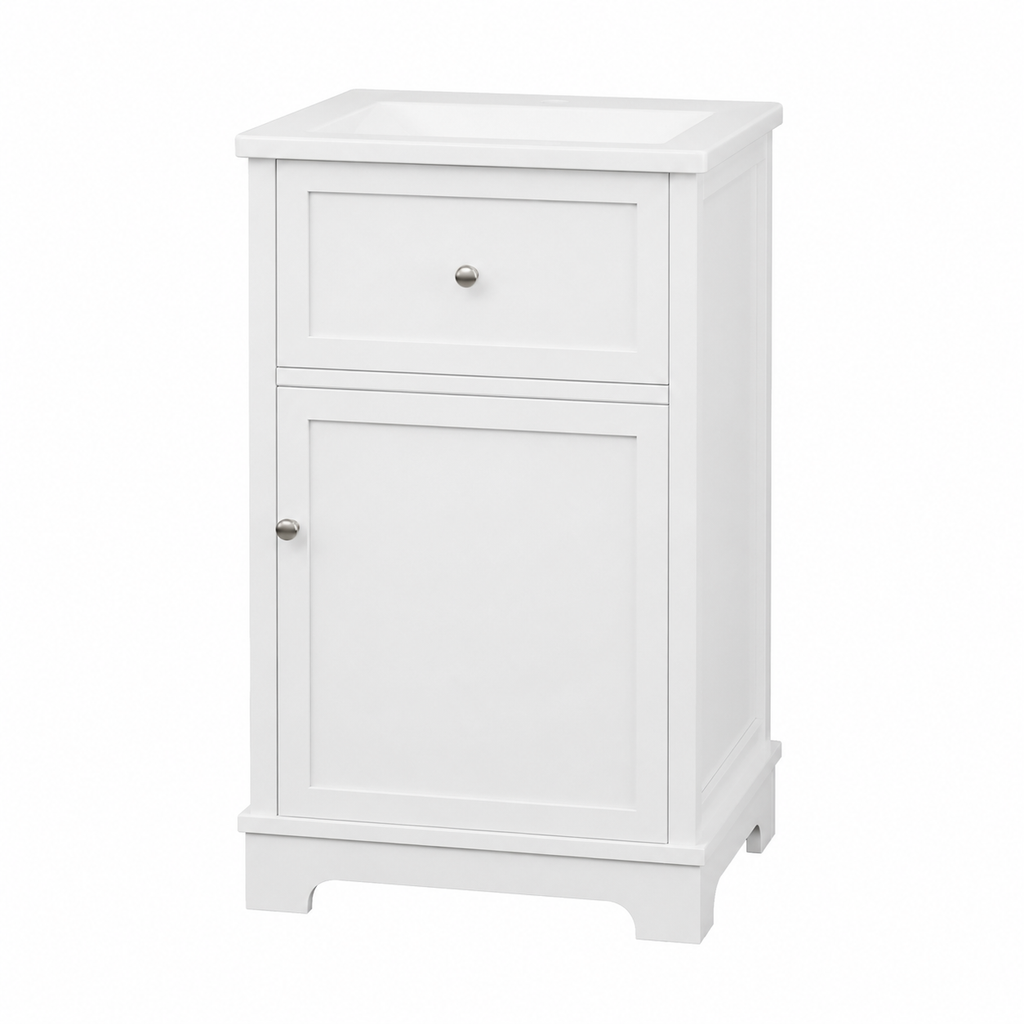 51 cm freistehender Badezimmer-Waschtisch mit Keramikwaschbecken, aufklappbarem Fach, verstellbarem Regal, Türablage und erhöhten Füßen, Weiß
