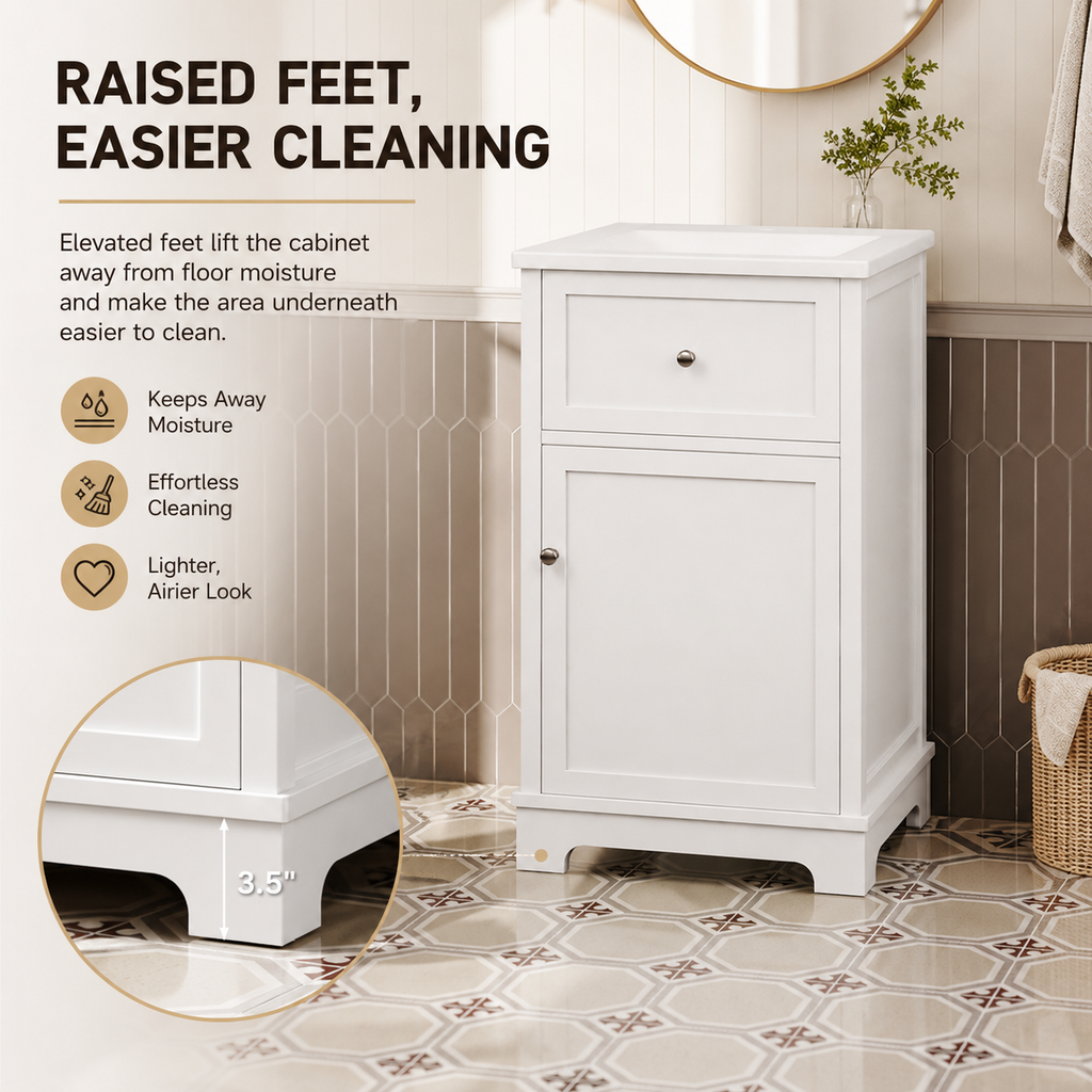 51 cm freistehender Badezimmer-Waschtisch mit Keramikwaschbecken, aufklappbarem Fach, verstellbarem Regal, Türablage und erhöhten Füßen, Weiß