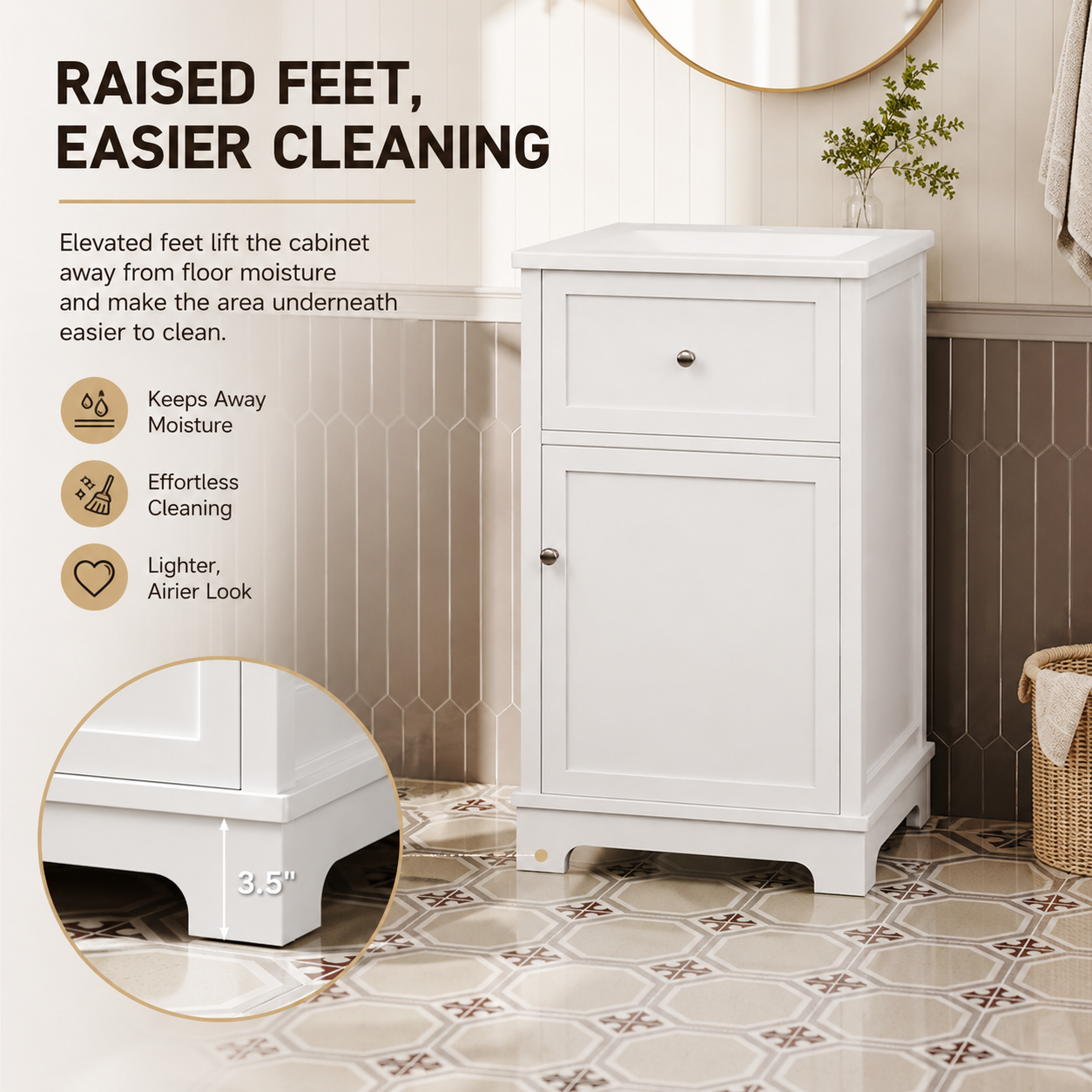 51 cm freistehender Badezimmer-Waschtisch mit Keramikwaschbecken, aufklappbarem Fach, verstellbarem Regal, Türablage und erhöhten Füßen, Weiß
