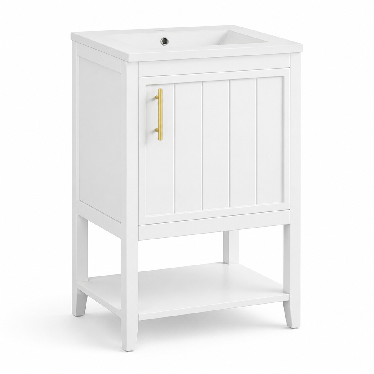 61 cm freistehender Badschrank mit Keramikwaschbecken, Türstaufach, offener unterer Ablage, erhöhten Beinen und goldenem Griff, Modern Weiß