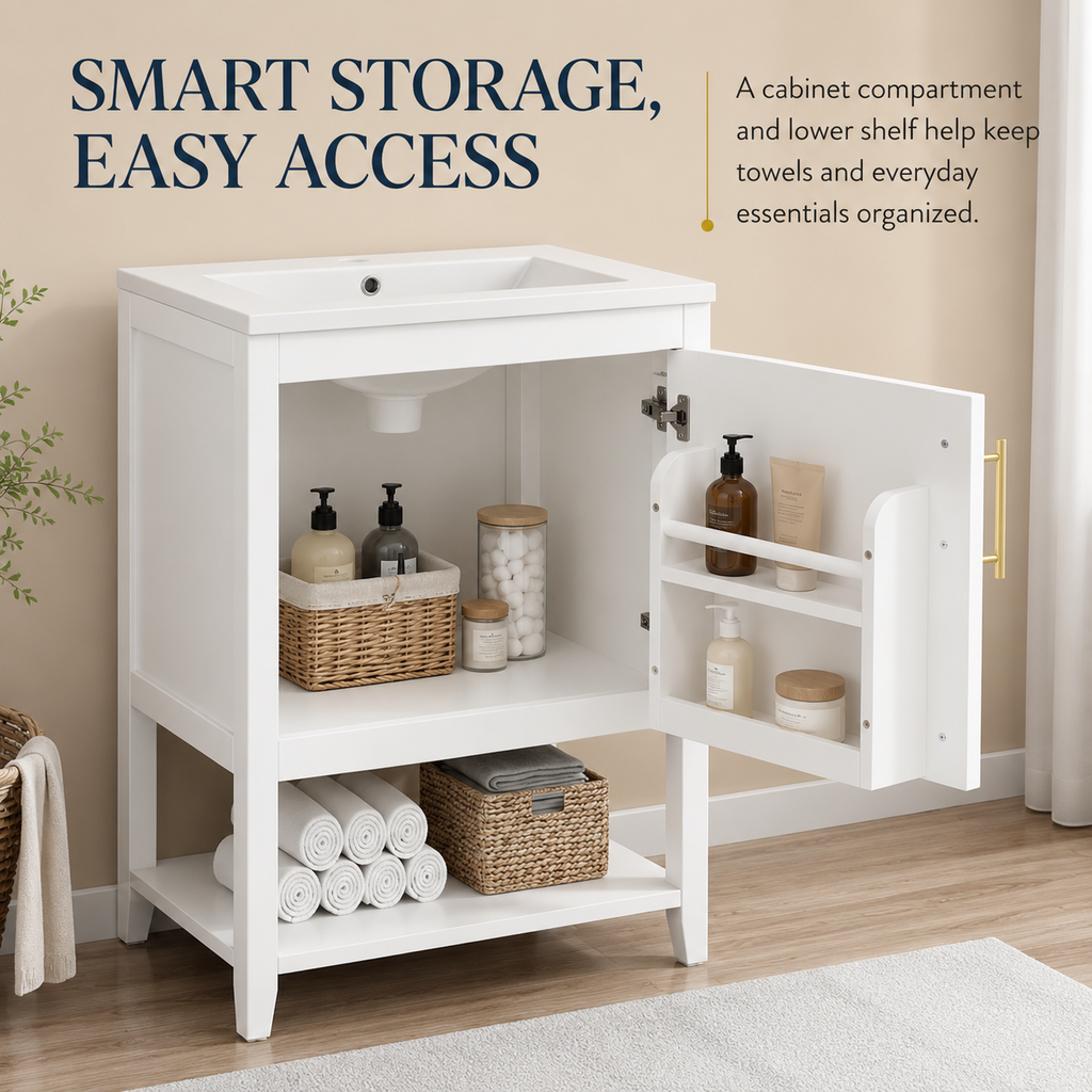 61 cm Freestanding Bathroom Vanity with Ceramic Sink, Door Storage, Open Bottom Shelf, Raised Legs and Gold Handle, Modern White